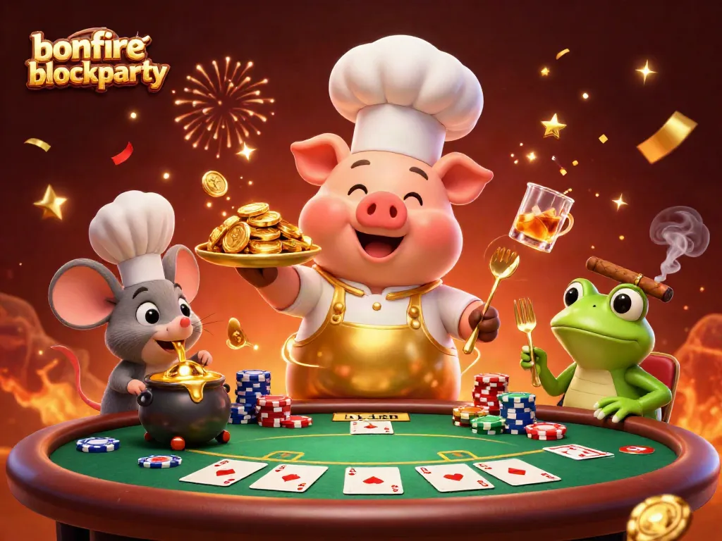 Bonfireblockparty showcases a vibrant casino scene with characters enjoying games and treasures.