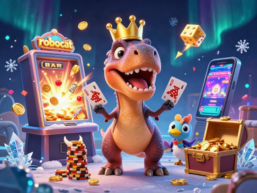 Robocat features a T-Rex shuffling cards at an online casino, showcasing vibrant gaming action.