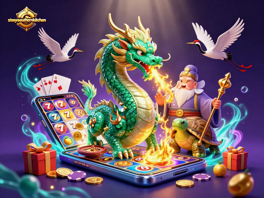Sissy's Southern Kitchen features an emerald dragon and a turtle sage combining for a dynamic casino scene.