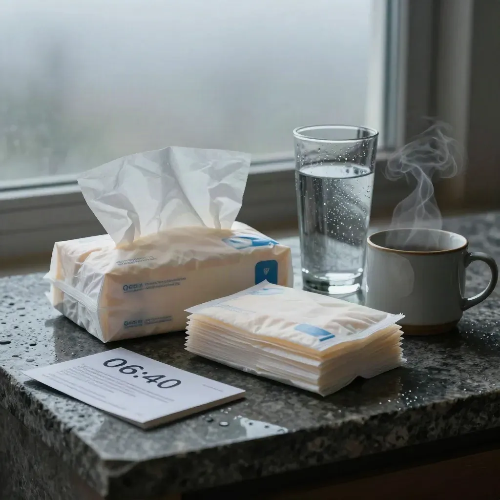 Kit antirresfriado con blísters, tisúes, vaso de agua y taza sobre piedra, con luz suave de madrugada.