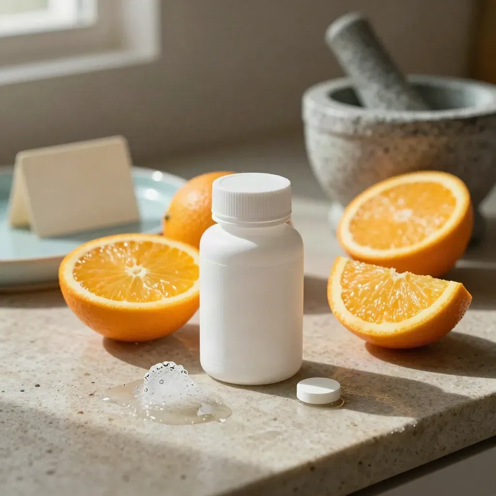 Frasco de vitamina C con naranjas, mortero de piedra y una tableta efervescente sobre una encimera cálida.