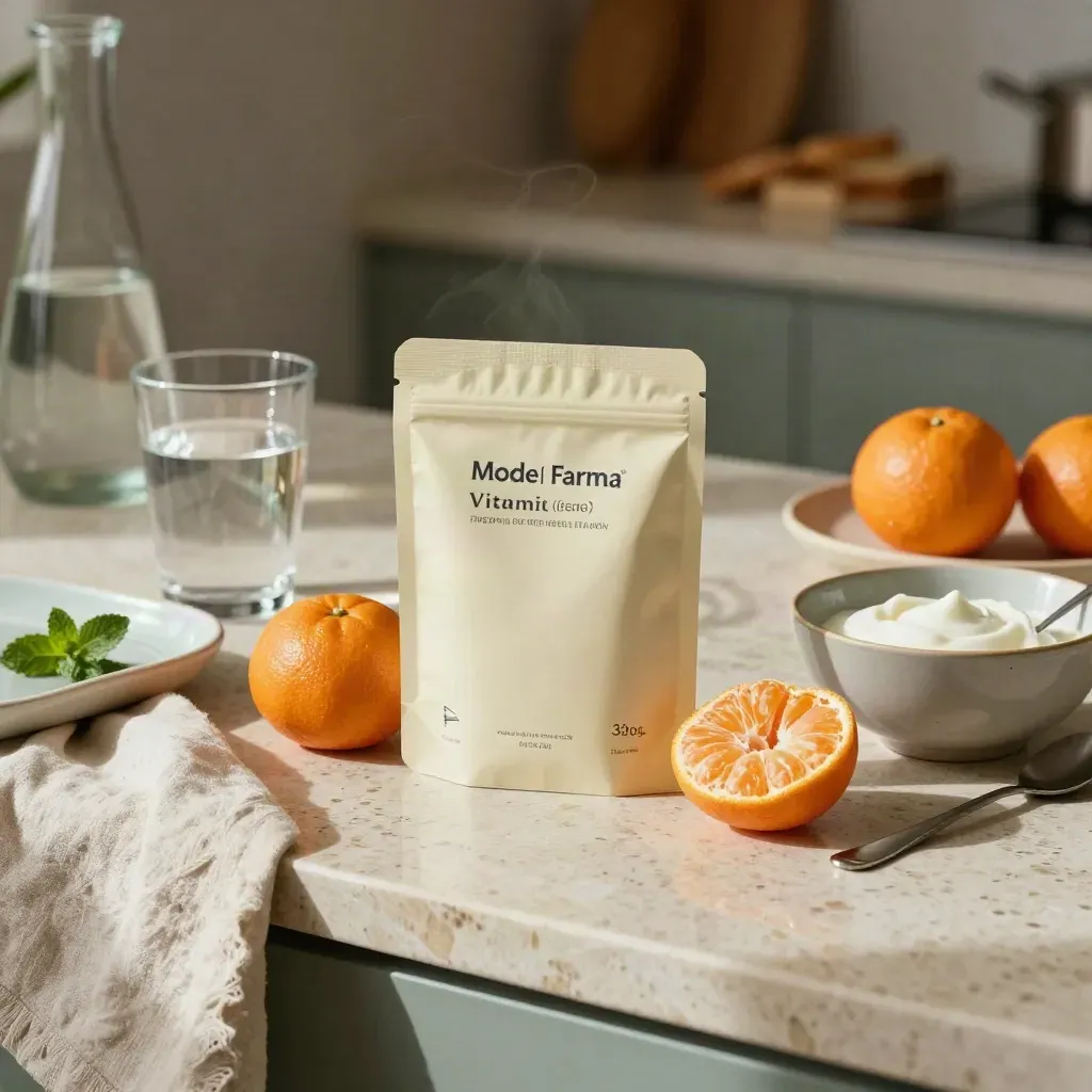 Pack de vitaminas con cítricos pelados, vaso de agua y yogur en una encimera de cocina.