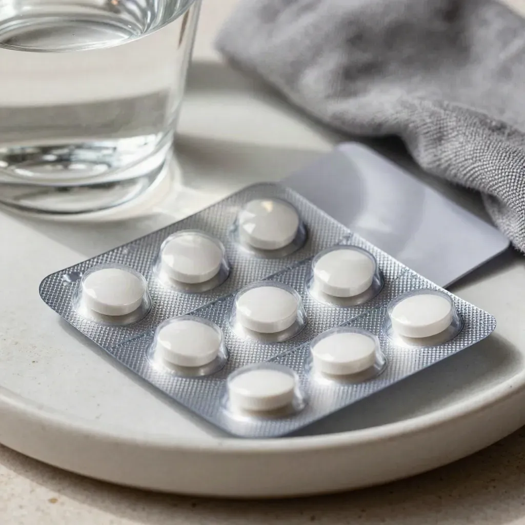 Blíster de ibuprofeno junto a vaso de agua, paño gris y plato de cerámica.