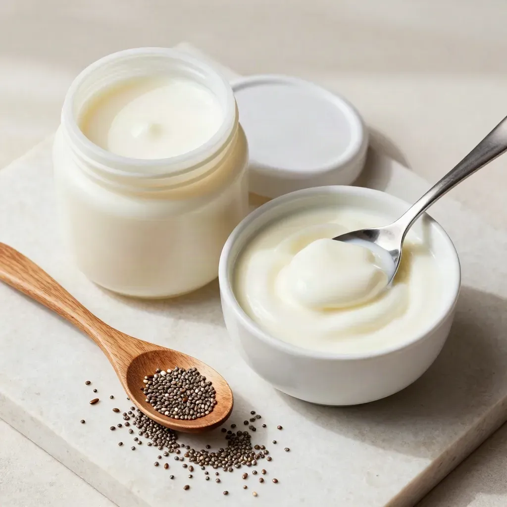 Flatlay de probióticos con yogur natural, cuchara de madera y semillas sobre piedra clara.