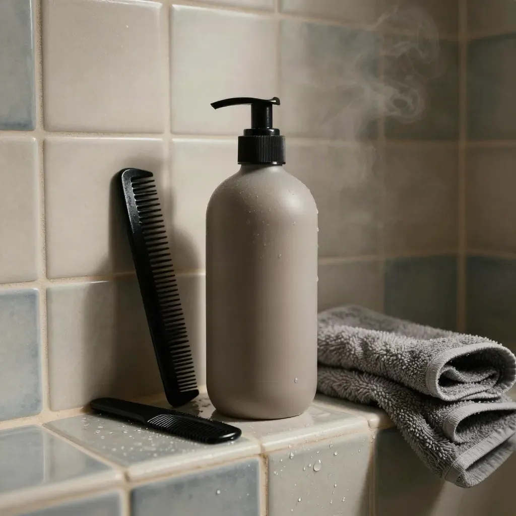 Botella de champú anticaspa con peine ancho, toalla gris y gotas sobre azulejo, con vapor.