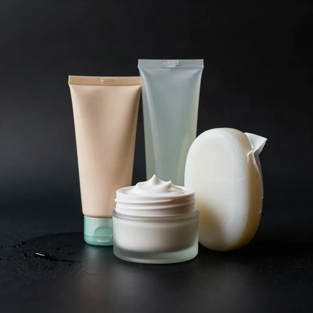 Set de cuidado diario con crema, gel, jabón y pañuelo sobre fondo oscuro con halo menta.