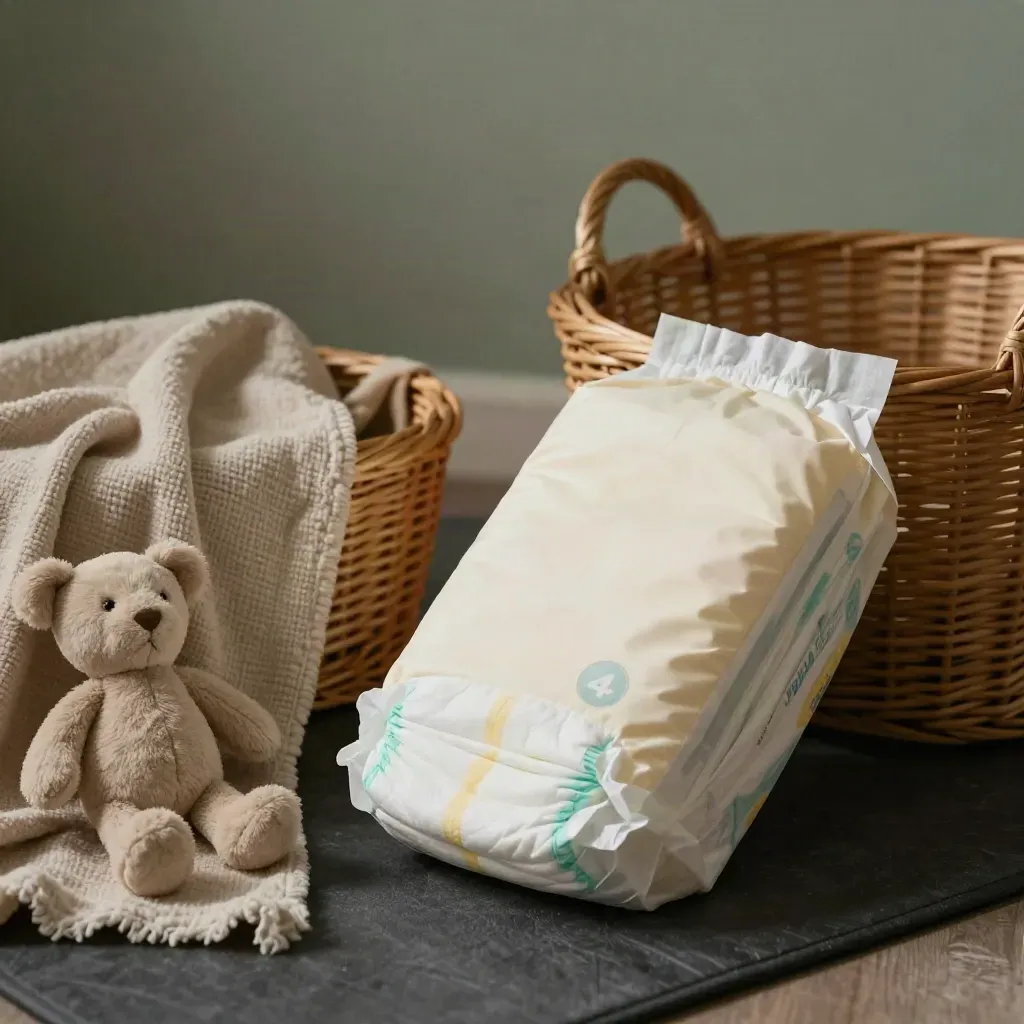 Paquete suave de pañales con manta de algodón, peluche neutro y cesta de mimbre en un cuarto calmado.