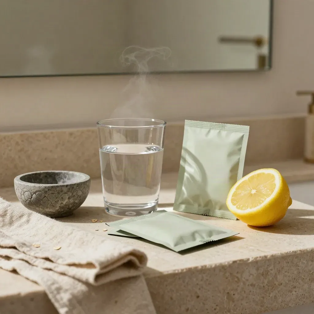 Sobres de colágeno con vitamina C junto a agua, limón y cuenco de piedra, en un baño luminoso.