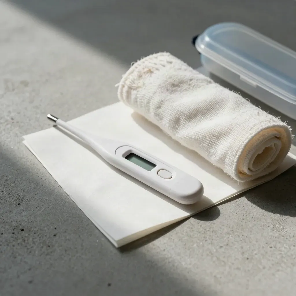 Termómetro digital blanco con funda, paño enrollado y sábana clara sobre concreto clínico.
