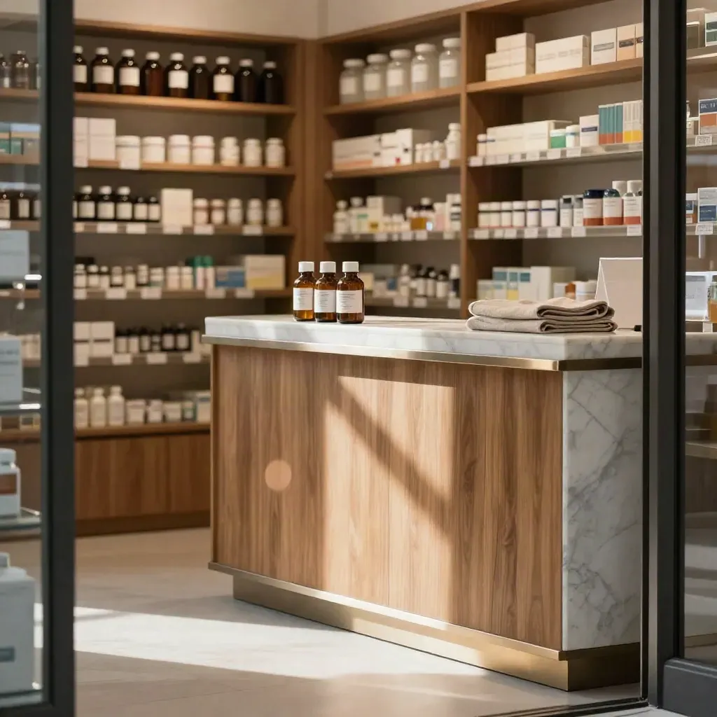 Interior de farmacia moderna con estantes desenfocados y mostrador de mármol.