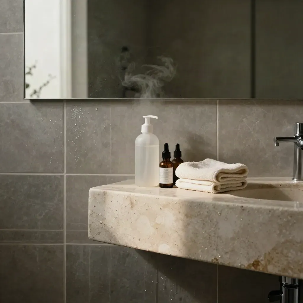 Baño spa minimal con vapor, encimera de piedra y cosmética facial desenfocada arriba.